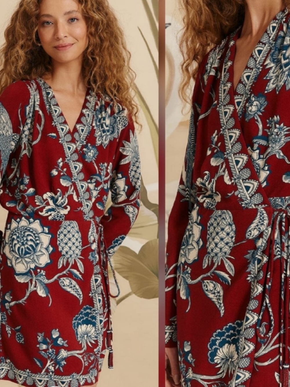 Farm Rio Tropical Landing Red Wrap Mini Dress NWT Size Small Beaded Tassels - Picture 16 of 16